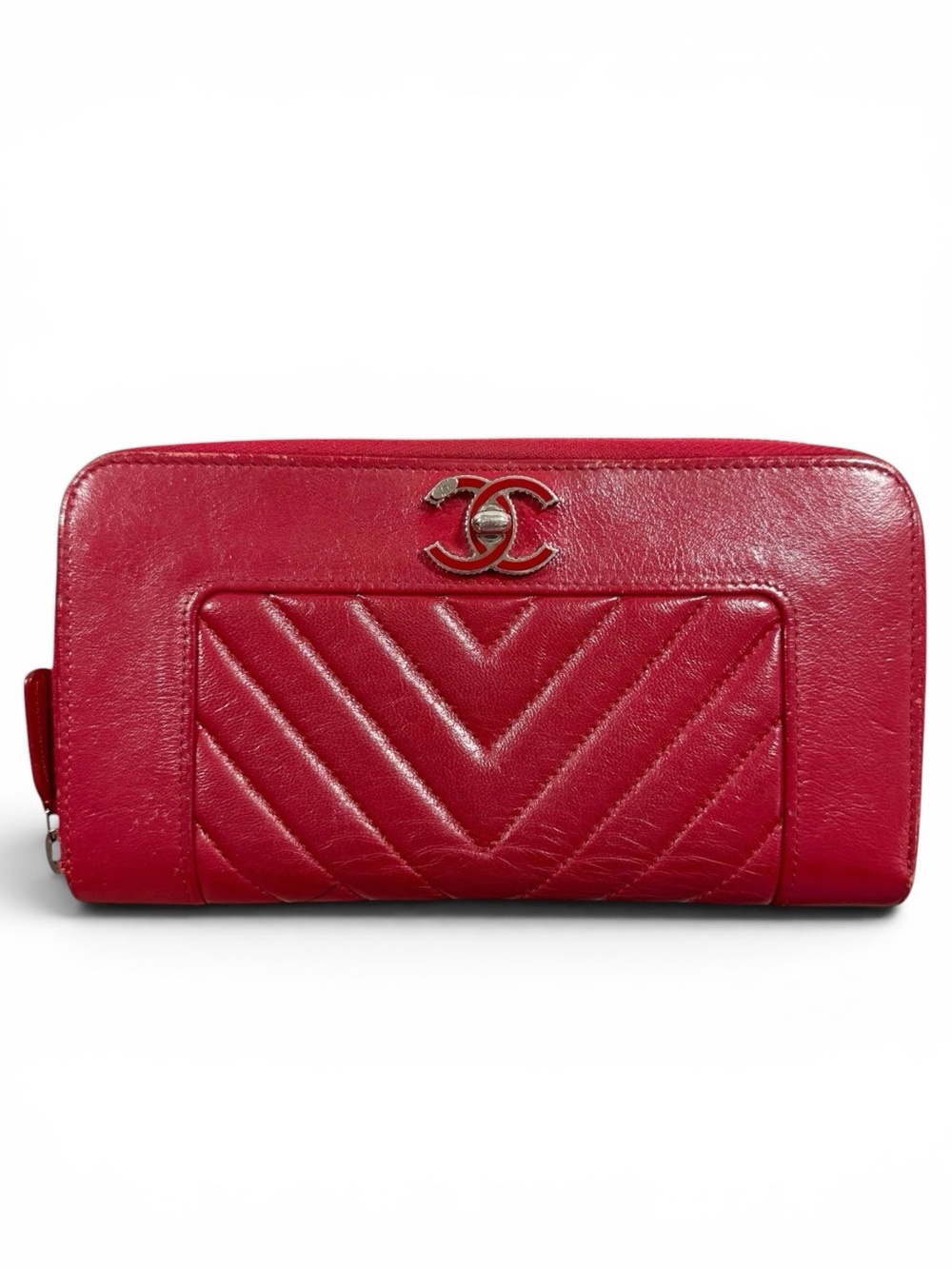 Chanel Mademoiselle Chevron Red Lambskin Leather Zip Around Zippy Large Wallet